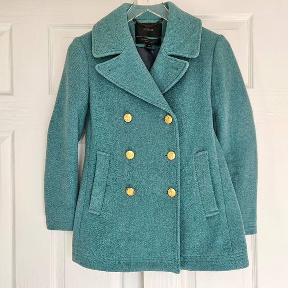 J.Crew Majesty Peacoat Italian Stadium-Cloth Wool Teal Green Gold Buttons 2P - Picture 2 of 9